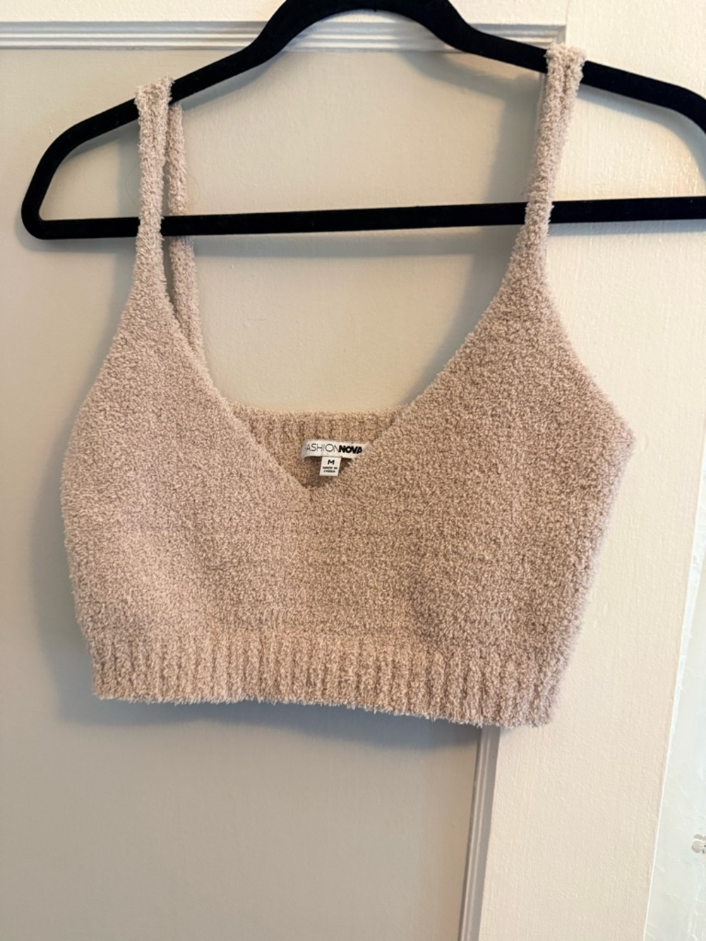 Fashion Nova Cozy Fuzzy Cropped Bralette in Taupe